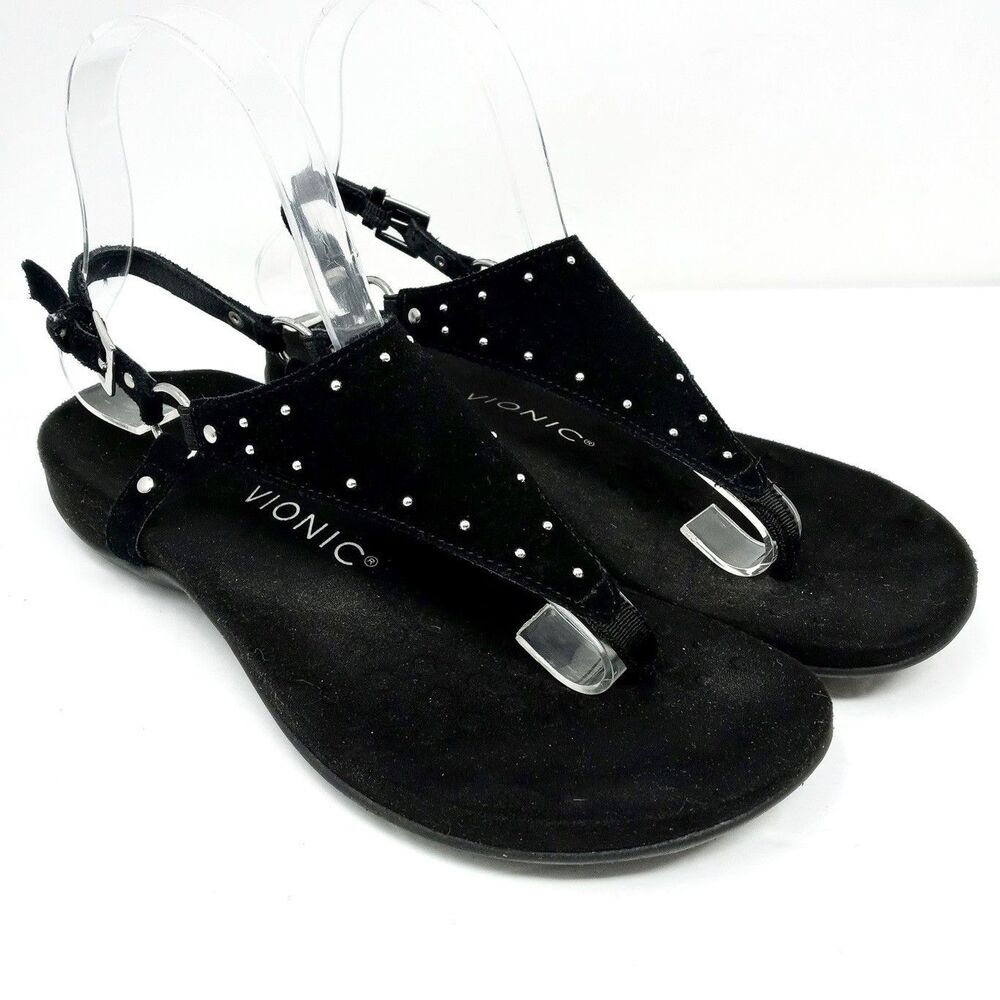 Vionic Margot Suede Studded T-Strap Sandals Women's Size 7 Black Strappy - Picture 2 of 10